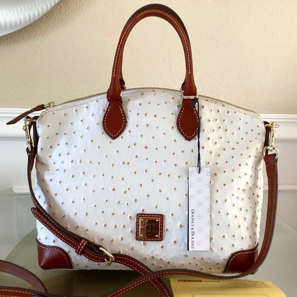 Dooney & Bourke Bone/White Ostrich Leather Dome Satchel Bag Purse Crossbody - Picture 1 of 16